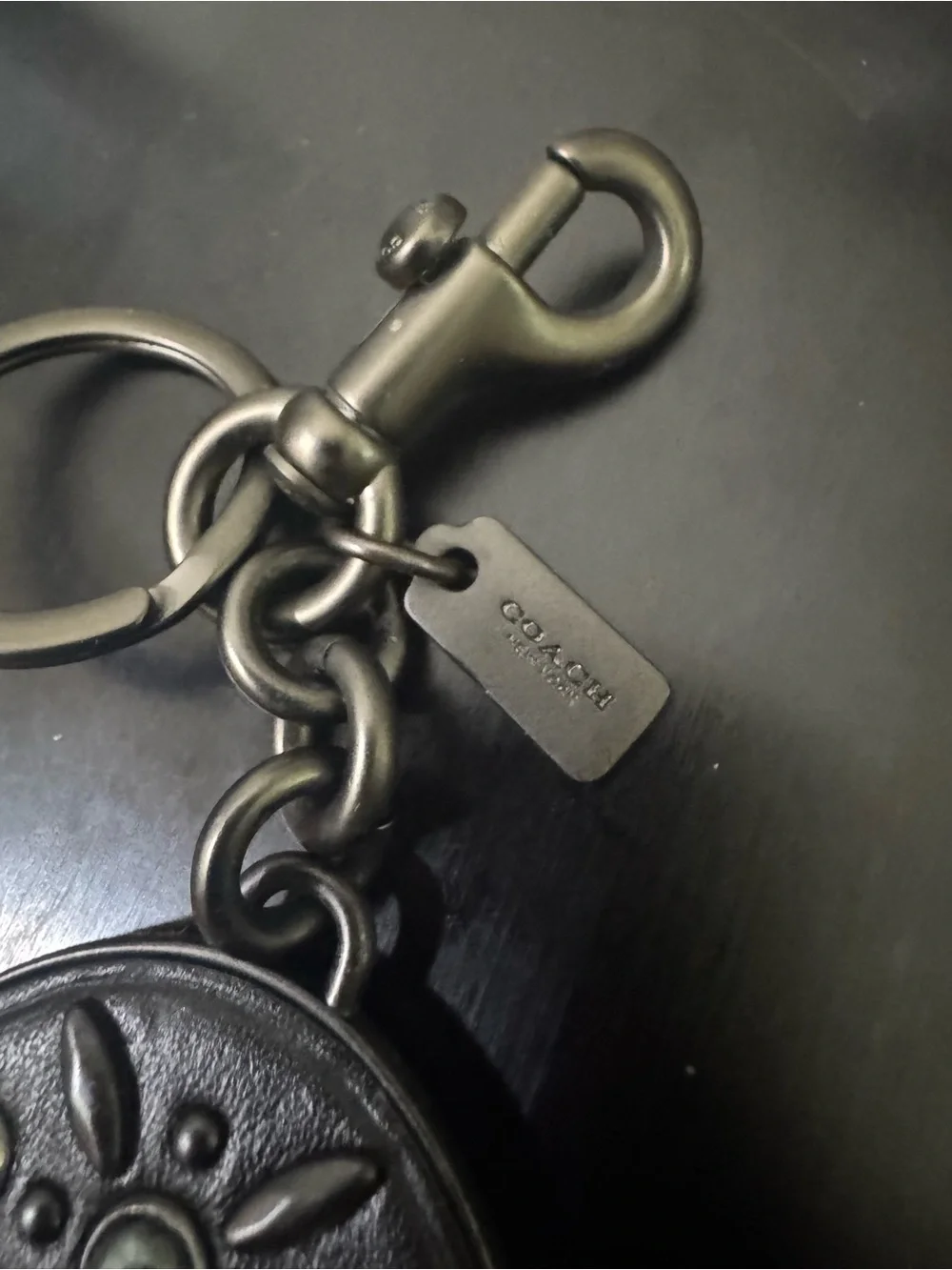 Coach Black Leather and Gunmetal Key Fob with Stud Accents - Picture 3 of 6